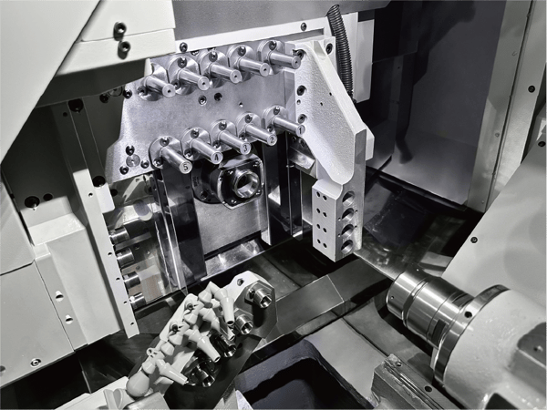 inside of a swiss type lathe